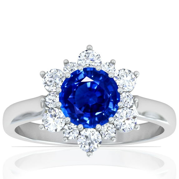 GemsNY September Birthstone - Prong Set Round Blue Sapphire Sunburst Diamond Halo Ring (Grade - AAAA | 1.16cttw)