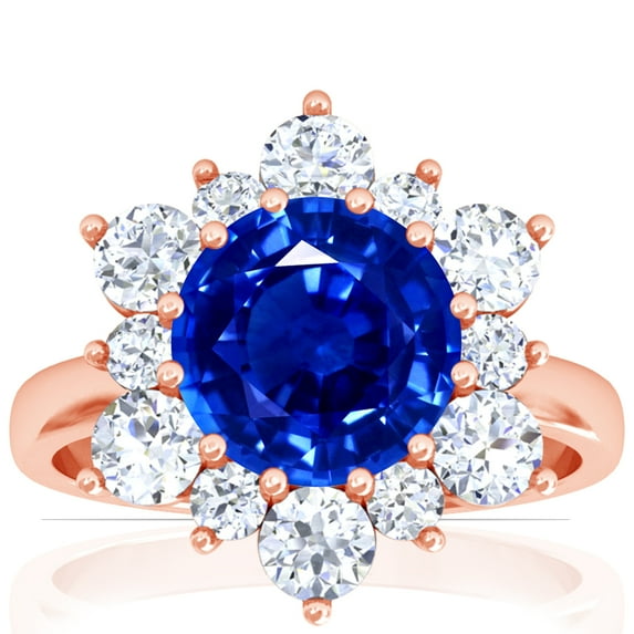 GemsNY September Birthstone - Prong Set Round Blue Sapphire Sunburst Diamond Halo Ring (Grade - AAAA | 3.35cttw)