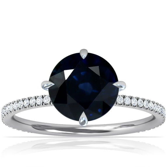 GemsNY September Birthstone - Round Prong Set Blue Sapphire Hidden Halo Ring with Petite Pave Set Band (Grade - A | 1.39cttw)