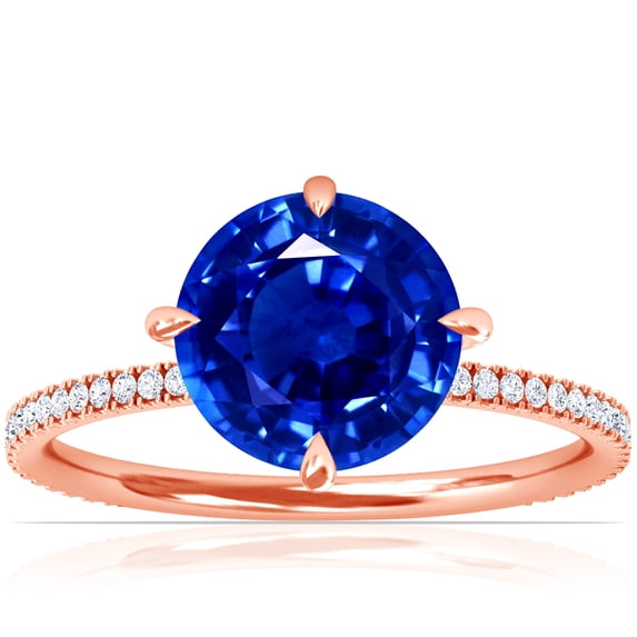 GemsNY September Birthstone - Round Prong Set Untreated Blue Sapphire Hidden Halo Ring with Petite Pave Set Band For Women (Grade - AAAAA | 1.89cttw)