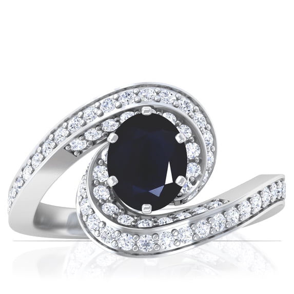 GemsNY September Birthstone - Spiral Shank Oval Blue Sapphire Ring with Pave Set Round Diamonds (Grade - A | 2.28cttw)
