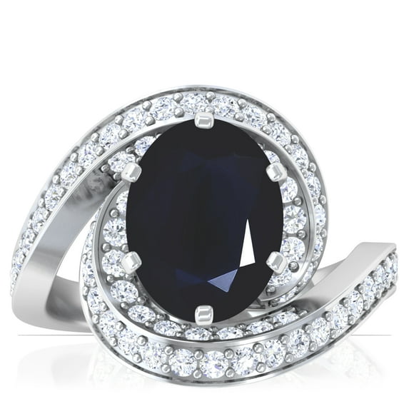 GemsNY September Birthstone - Spiral Shank Oval Blue Sapphire Ring with Pave Set Round Diamonds (Grade - A | 4.13cttw)