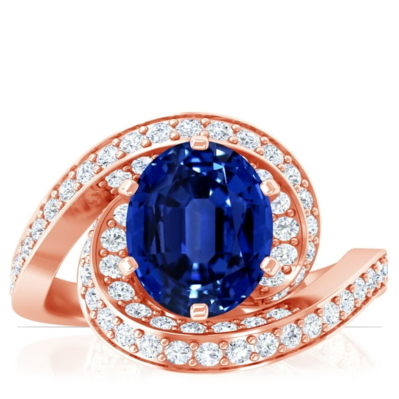 GemsNY September Birthstone - Spiral Shank Oval Blue Sapphire Ring with Pave Set Round Diamonds (Grade - AAAA | 2.33cttw)