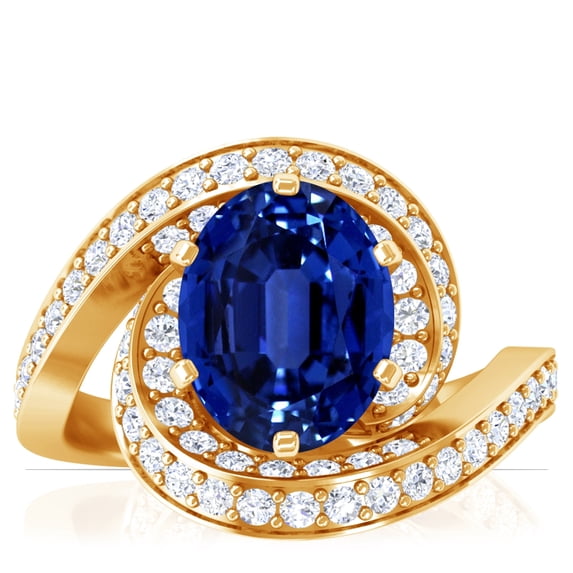 GemsNY September Birthstone - Spiral Shank Oval Blue Sapphire Ring with Pave Set Round Diamonds (Grade - AAAA | 3.03cttw)