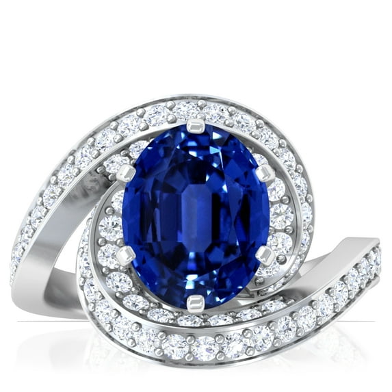 GemsNY September Birthstone - Spiral Shank Oval Untreated Blue Sapphire Ring with Pave Set Round Diamonds For Women (Grade - AAAAA | 3.03cttw)
