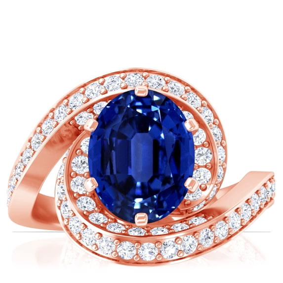 GemsNY September Birthstone - Spiral Shank Oval Untreated Blue Sapphire Ring with Pave Set Round Diamonds For Women (Grade - AAAAA | 3.03cttw)