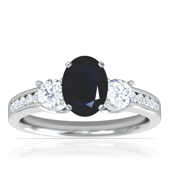 GemsNY September Birthstone - Three Stone Oval Blue Sapphire Ring with Prong and Channel Set Round Side Diamonds For Women (Grade - A | 1.00cttw)
