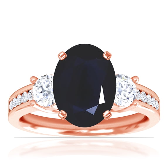 GemsNY September Birthstone - Three Stone Oval Blue Sapphire Ring with Prong and Channel Set Round Side Diamonds For Women (Grade - A | 3.00cttw)