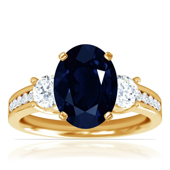 GemsNY September Birthstone - Three Stone Oval Blue Sapphire Ring with Prong and Channel Set Round Side Diamonds For Women (Grade - AA | 3.00cttw)