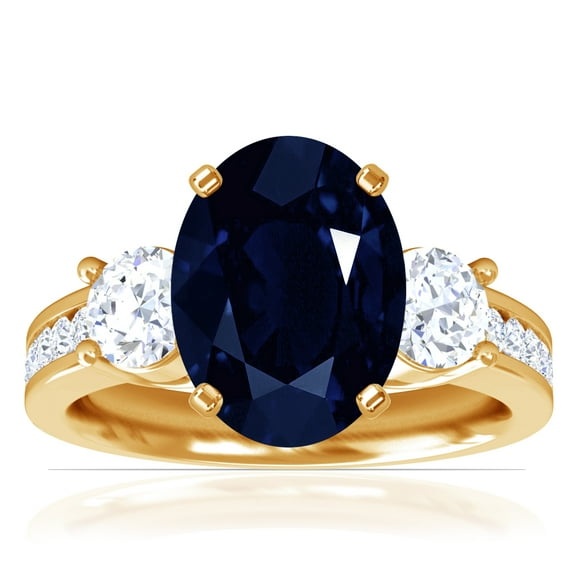 GemsNY September Birthstone - Three Stone Oval Blue Sapphire Ring with Prong and Channel Set Round Side Diamonds For Women (Grade - AA | 4.32cttw)