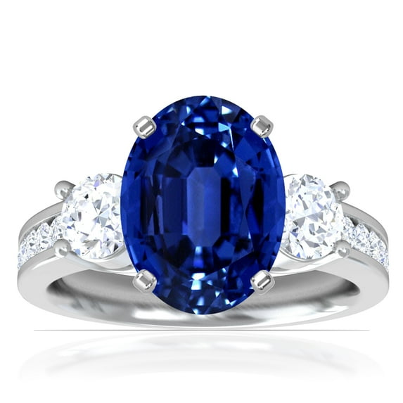 GemsNY September Birthstone - Three Stone Oval Untreated Blue Sapphire Ring with Prong and Channel Set Round Side Diamonds For Women (Grade - AAAAA | 4.32cttw)