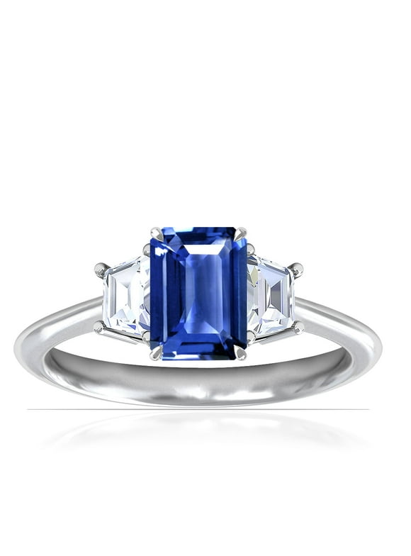 GemsNY September Birthstone - Three Stone Ring Emerald Cut Blue Sapphire with Prong Set Trapezoid Side Diamonds For Women (Grade - AAA | 1.20cttw)