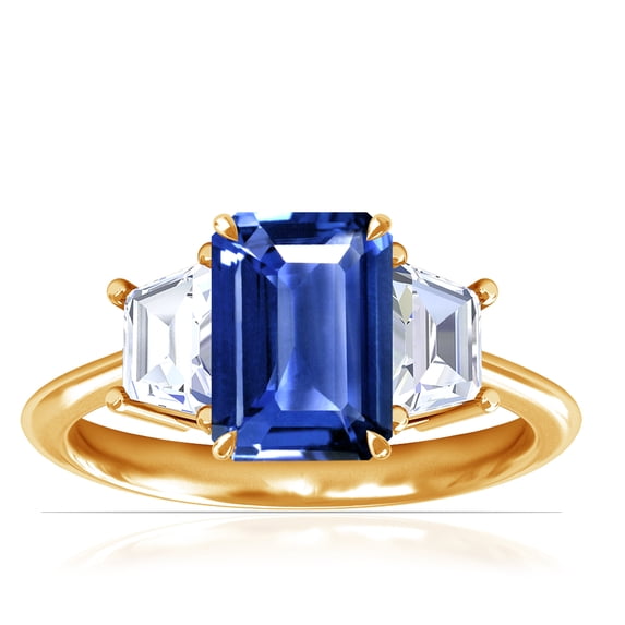 GemsNY September Birthstone - Three Stone Ring Emerald Cut Blue Sapphire with Prong Set Trapezoid Side Diamonds For Women (Grade - AAA | 3.5cttw)