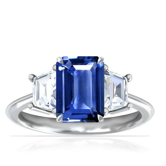 GemsNY September Birthstone - Three Stone Ring Emerald Cut Blue Sapphire with Prong Set Trapezoid Side Diamonds For Women (Grade - AAA | 3.5cttw)