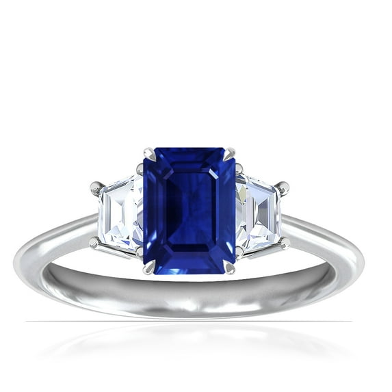 GemsNY September Birthstone - Three Stone Ring Emerald Cut Blue Sapphire with Prong Set Trapezoid Side Diamonds For Women (Grade - AAAA | 1.20cttw)