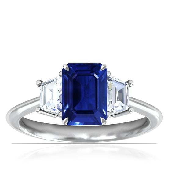GemsNY September Birthstone - Three Stone Ring Emerald Cut Untreated Blue Sapphire with Prong Set Trapezoid Side Diamonds For Women (Grade - AAAAA | 1.60cttw)