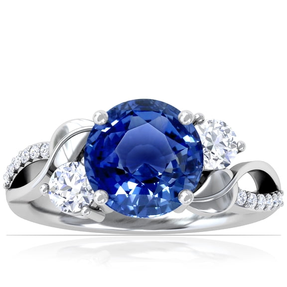 GemsNY September Birthstone - Three Stone Round Blue Sapphire ring with Round Side Diamonds and Pave Diamond Accents For Women (Grade - AAA | 2.85cttw)