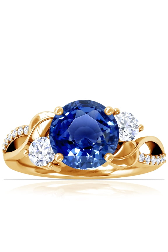 September Birthstone - Three Stone Round Blue Sapphire ring with Round Side Diamonds and Pave Diamond Accents For Women (Grade - AAA | 2.85cttw)