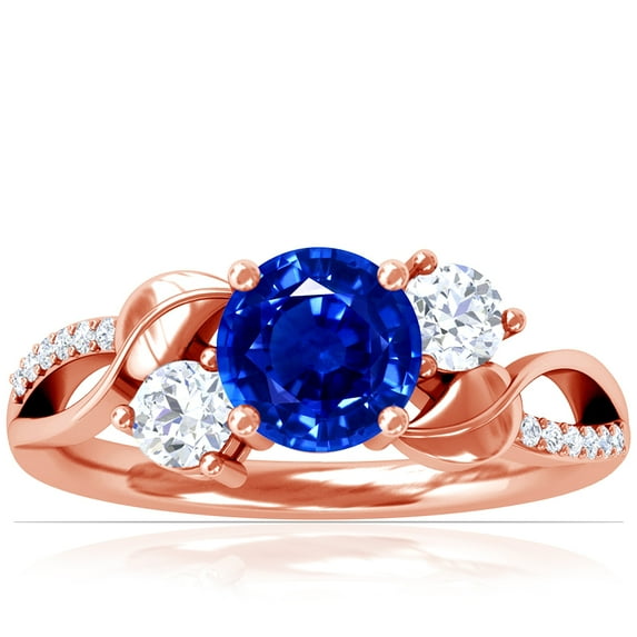 GemsNY September Birthstone - Three Stone Round Blue Sapphire ring with Round Side Diamonds and Pave Diamond Accents For Women (Grade - AAAA | 1.14cttw)