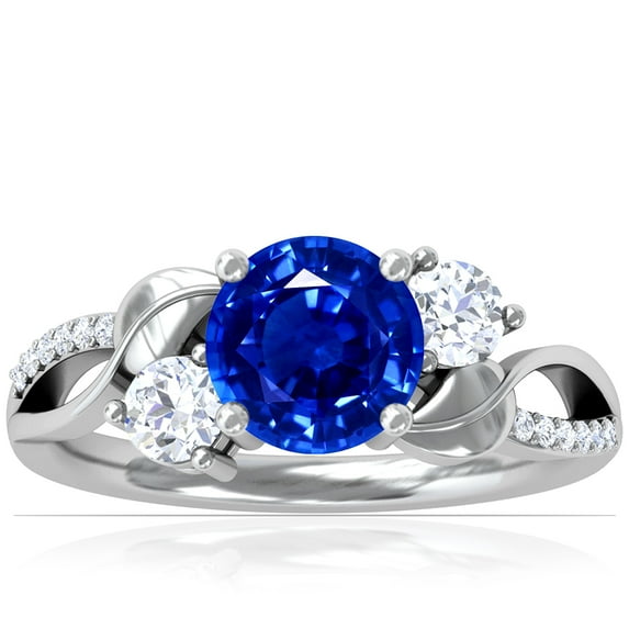 GemsNY September Birthstone - Three Stone Round Untreated Blue Sapphire ring with Round Side Diamonds and Pave Diamond Accents For Women (Grade - AAAAA | 1.54cttw)
