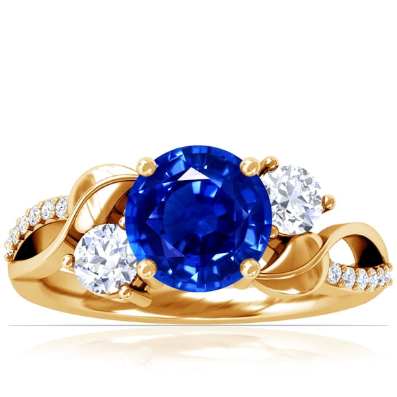 GemsNY September Birthstone - Three Stone Round Untreated Blue Sapphire ring with Round Side Diamonds and Pave Diamond Accents For Women (Grade - AAAAA | 2.15cttw)