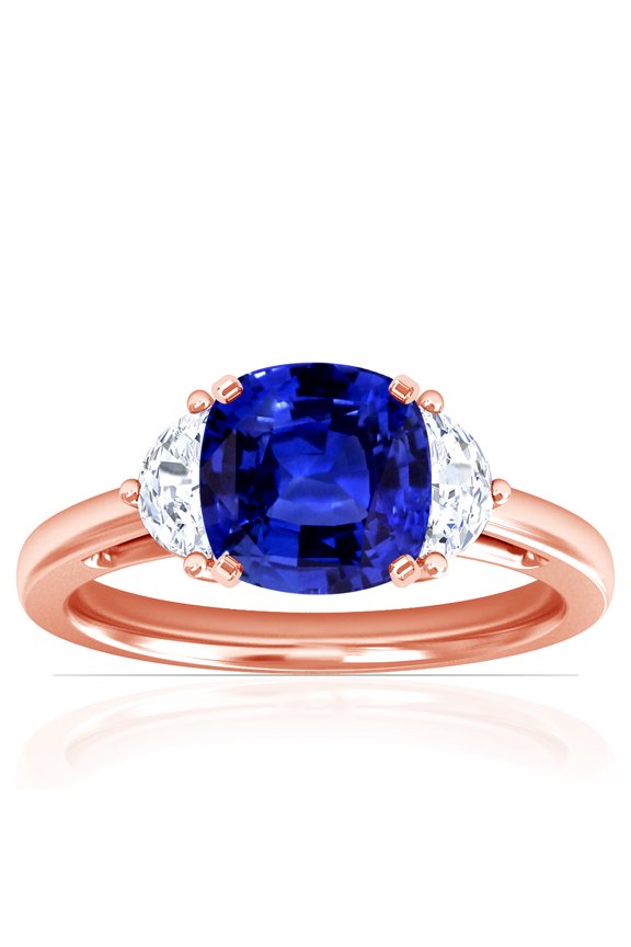 September Birthstone - Three Stone Square Cushion Blue Sapphire Ring with Prong Set Half Moon Side Diamonds For Women (Grade - AAAA | 0.95cttw)
