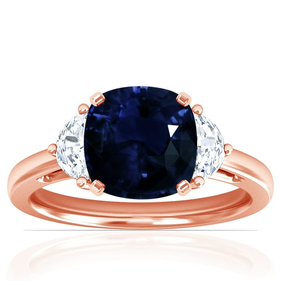 GemsNY September Birthstone - Three Stone Square Cushion Blue Sapphire Ring with Prong Set Half Moon Side Diamonds For Women (Grade - AA | 1.40cttw)