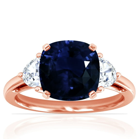 GemsNY September Birthstone - Three Stone Square Cushion Blue Sapphire Ring with Prong Set Half Moon Side Diamonds For Women (Grade - AA | 2.19cttw)
