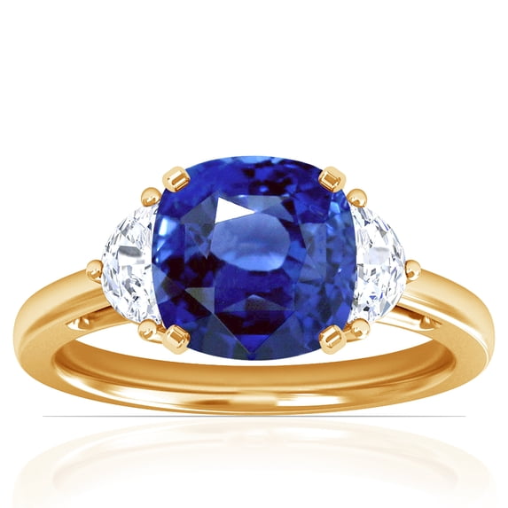 GemsNY September Birthstone - Three Stone Square Cushion Blue Sapphire Ring with Prong Set Half Moon Side Diamonds For Women (Grade - AAA | 1.40cttw)
