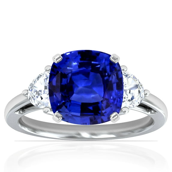 GemsNY September Birthstone - Three Stone Square Cushion Untreated Blue Sapphire Ring with Prong Set Half Moon Side Diamonds For Women (Grade - AAAAA | 2.19cttw)