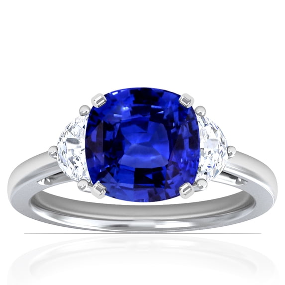 GemsNY September Birthstone - Three Stone Square Cushion Untreated Blue Sapphire Ring with Prong Set Half Moon Side Diamonds For Women (Grade - AAAAA | 1.40cttw)