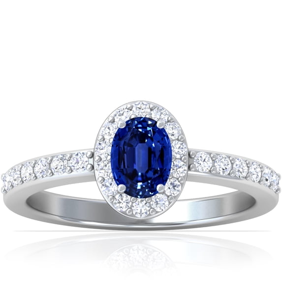 GemsNY September Birthstone - Traditional Oval Halo Blue Sapphire Ring with Prong Set Diamonds (0.97cttw)