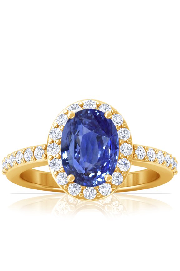 September Birthstone - Traditional Oval Halo Blue Sapphire Ring with Prong Set Diamonds (2.81cttw)
