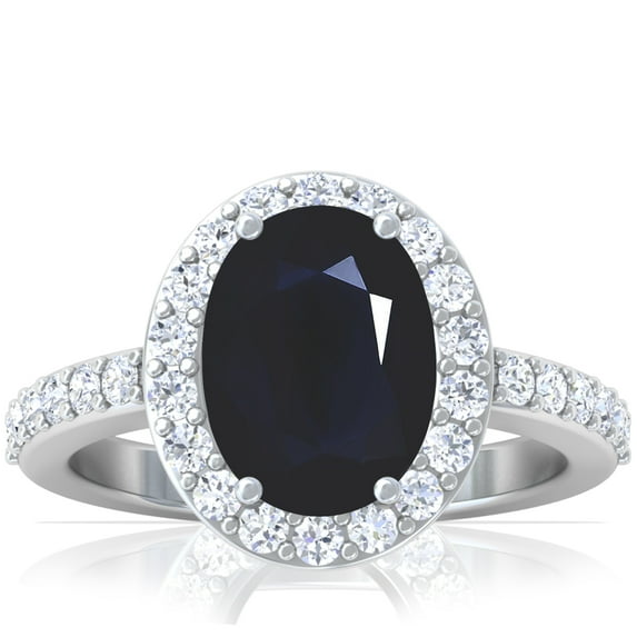 GemsNY September Birthstone - Traditional Oval Halo Blue Sapphire Ring with Prong Set Diamonds (Grade - A | 4.03cttw)