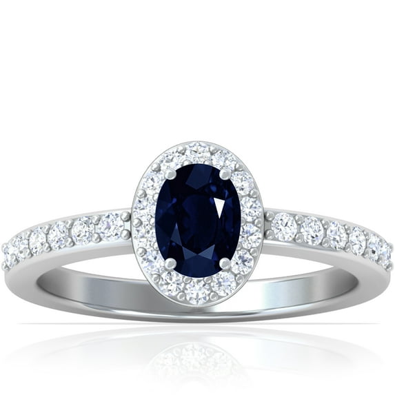 GemsNY September Birthstone - Traditional Oval Halo Blue Sapphire Ring with Prong Set Diamonds (Grade - AA | 0.97cttw)