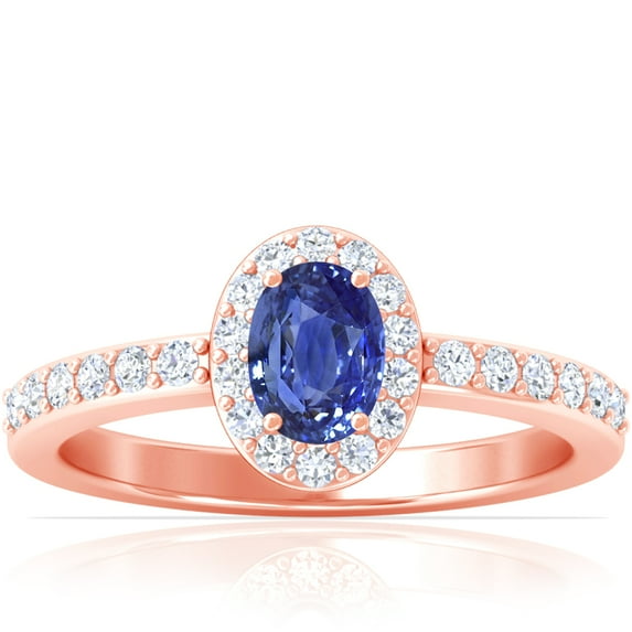 GemsNY September Birthstone - Traditional Oval Halo Blue Sapphire Ring with Prong Set Diamonds (Grade - AAA | 0.97cttw)