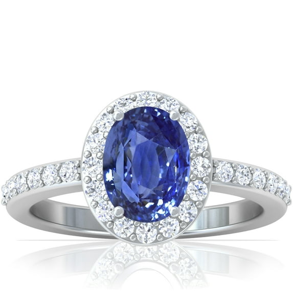 GemsNY September Birthstone - Traditional Oval Halo Blue Sapphire Ring with Prong Set Diamonds (Grade - AAA | 1.97cttw)