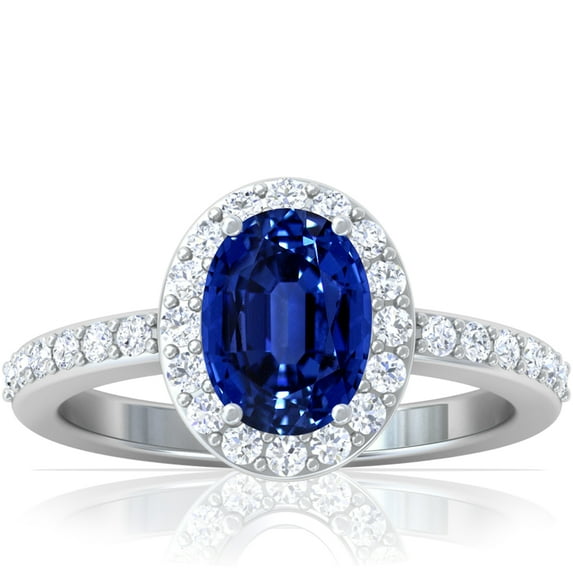 GemsNY September Birthstone - Traditional Oval Halo Blue Sapphire Ring with Prong Set Diamonds (Grade - AAAA | 1.97cttw)