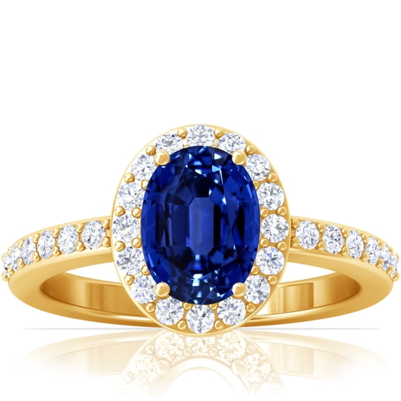 GemsNY September Birthstone - Traditional Oval Halo Untreated Blue Sapphire Ring with Prong Set Diamonds For Women (Grade - AAAAA | 1.97cttw)