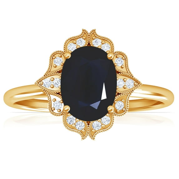 GemsNY September Birthstone - Vintage Oval Blue Sapphire Ring with Pave Set Diamond Halo For Women (Grade - A | 0.77cttw)