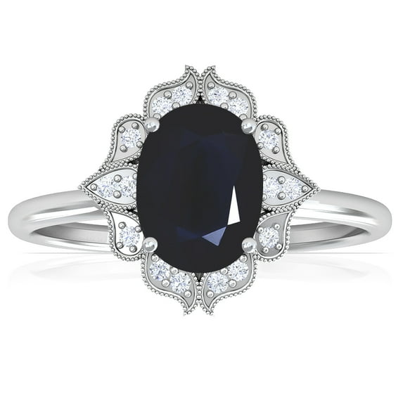 GemsNY September Birthstone - Vintage Oval Blue Sapphire Ring with Pave Set Diamond Halo (Grade - A | 0.77cttw)