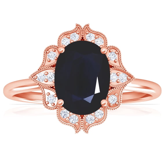 GemsNY September Birthstone - Vintage Oval Blue Sapphire Ring with Pave Set Diamond Halo (Grade - A | 1.12cttw)