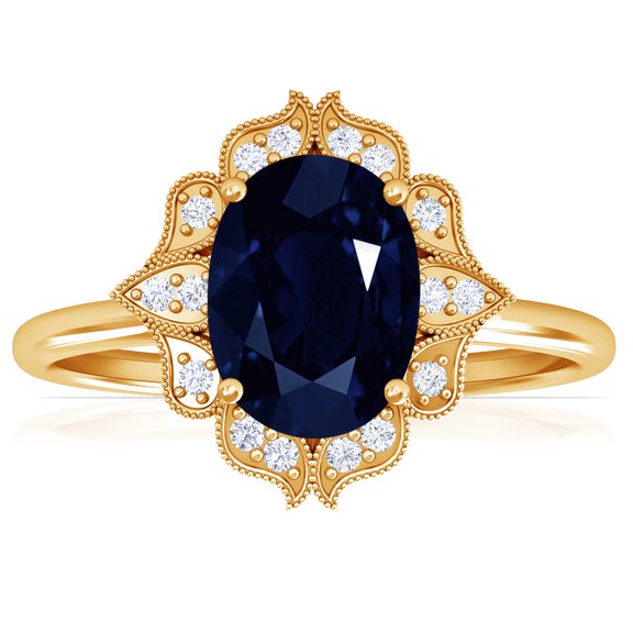 GemsNY September Birthstone - Vintage Oval Blue Sapphire Ring with Pave Set Diamond Halo (Grade - AA | 1.12cttw)