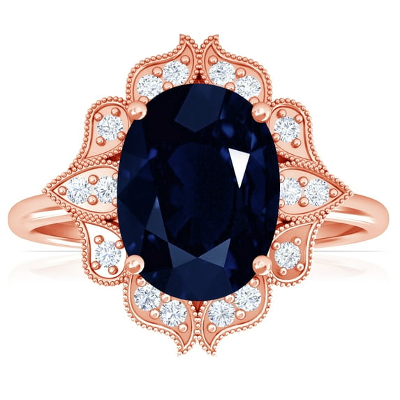GemsNY September Birthstone - Vintage Oval Blue Sapphire Ring with Pave Set Diamond Halo (Grade - AA | 3.48cttw)