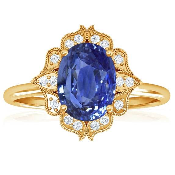 GemsNY September Birthstone - Vintage Oval Blue Sapphire Ring with Pave Set Diamond Halo (Grade - AAA | 1.12cttw)