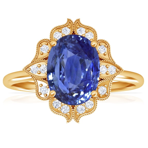 GemsNY September Birthstone - Vintage Oval Blue Sapphire Ring with Pave Set Diamond Halo (Grade - AAA | 1.68cttw)