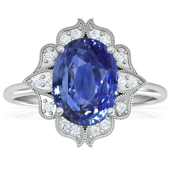 GemsNY September Birthstone - Vintage Oval Blue Sapphire Ring with Pave Set Diamond Halo (Grade - AAA | 2.38cttw)