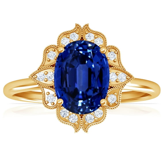 GemsNY September Birthstone - Vintage Oval Blue Sapphire Ring with Pave Set Diamond Halo (Grade - AAAA | 1.12cttw)
