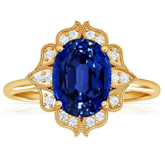 GemsNY September Birthstone - Vintage Oval Blue Sapphire Ring with Pave Set Diamond Halo (Grade - AAAA | 1.68cttw)
