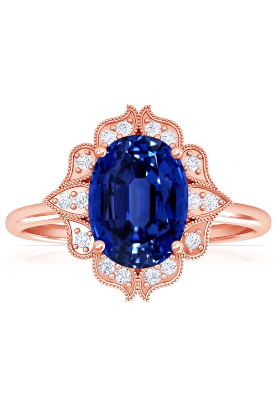 September Birthstone - Vintage Oval Untreated Blue Sapphire Ring with Pave Set Diamond Halo (1.68cttw)